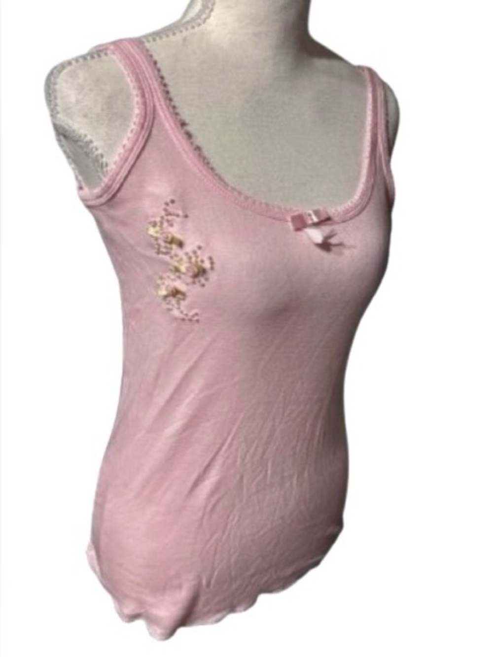 NWT 100% Cotton Pearls Bows Floral Pink Tank GENESIS Large 80s 90s Top Shirt